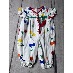 Vintage Baby Girls Cherry Print Romper 3-6 Months White Red Blue Retro 80s 90s
